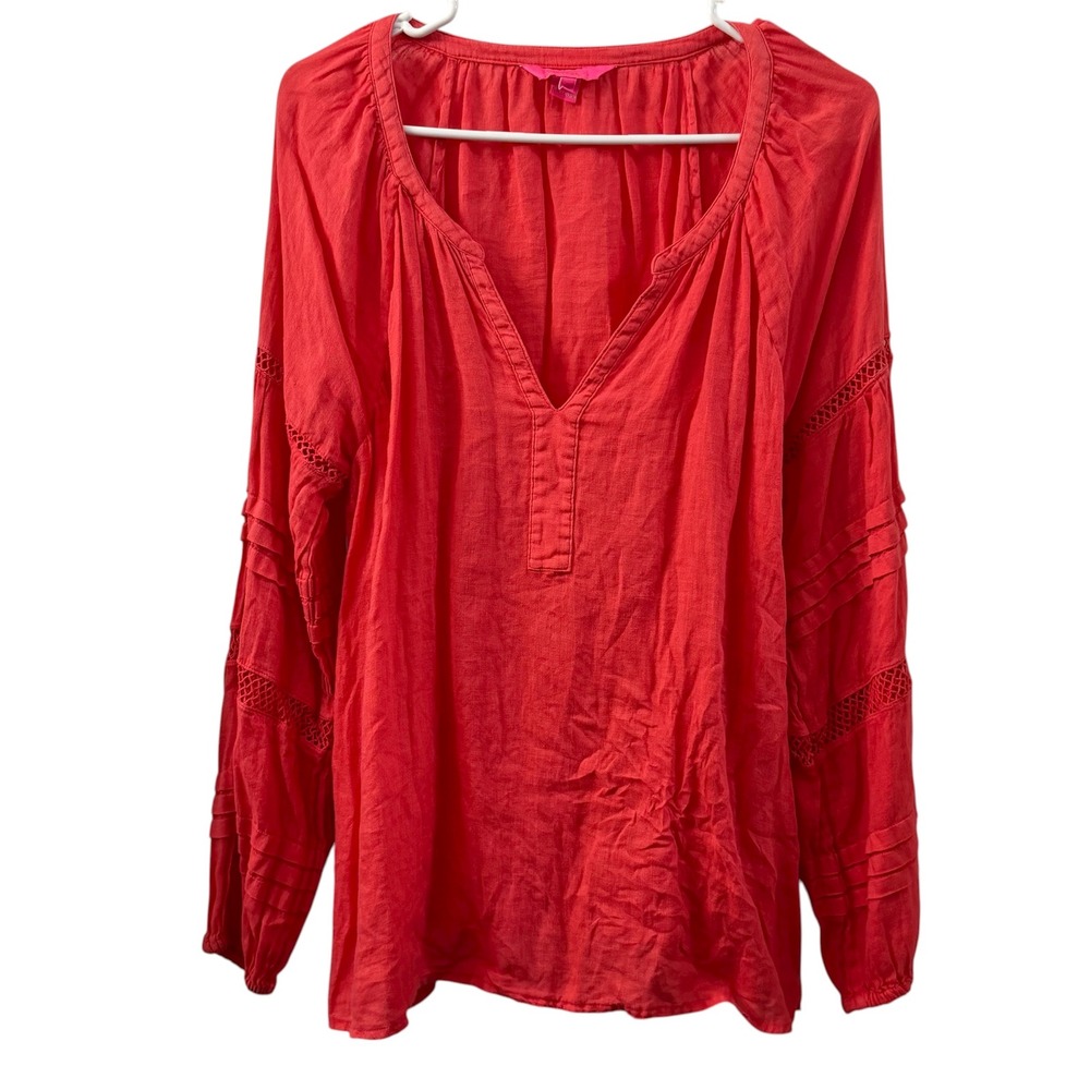 Lilly Pulitzer Coral Linen Tunic Top V Neck Long Sleeve Crochet Lace Size M